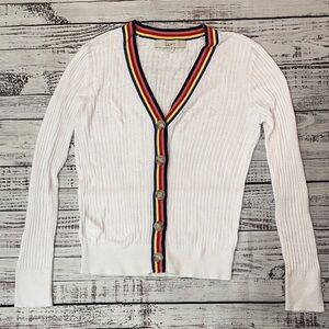 LOFT White Ribbed Cardigan with Colorful Trim Lightweight Sz. M